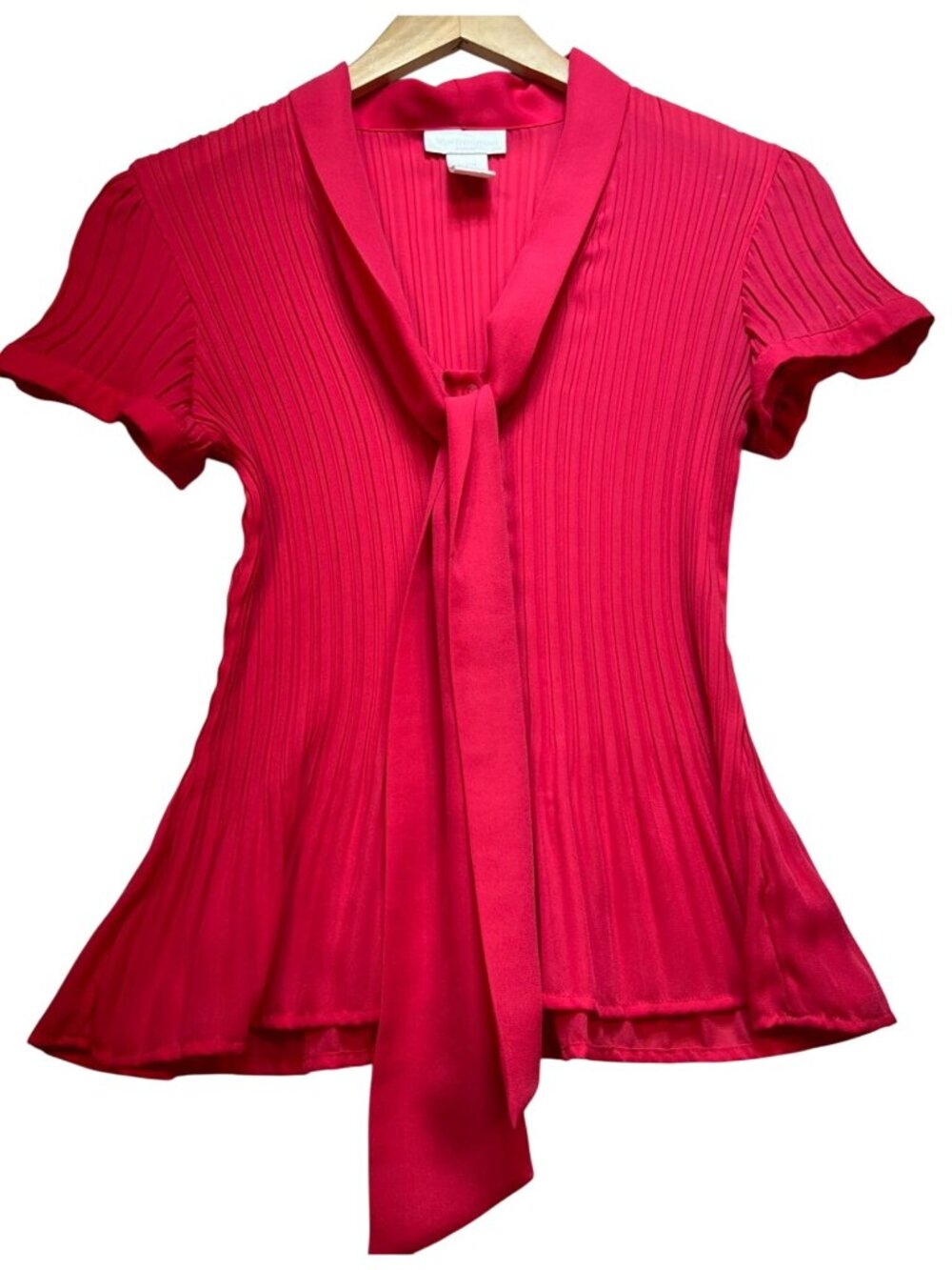 Worthington Womens Ribbed Tie Neck Top Short Sleeve Stretch Size Large Red Coral